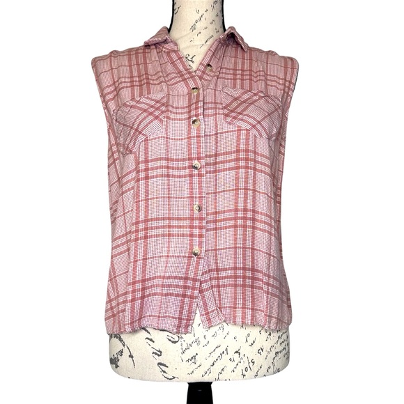sim & sam Tops - Sim & Sam | Pink Plaid Sleeveless Button-Up Top Shirt | Size L